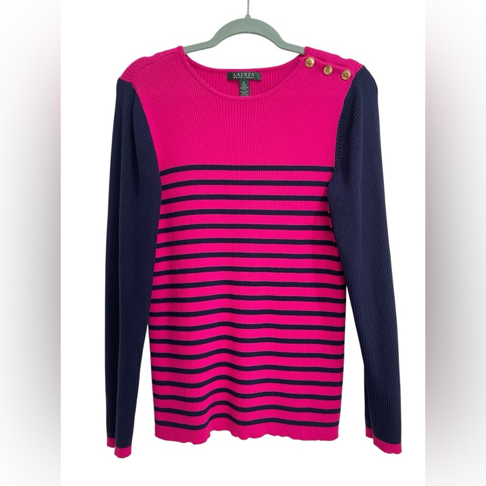 Ralph Lauren Hot Pink &Navy Stripe Long Sleeves Knit Sweater Women’s Size XL